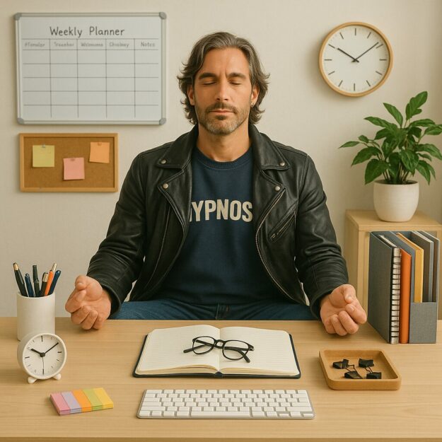 Espace de travail organisé, personne concentrée dans un environnement épuré.