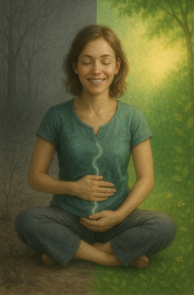 Femme souriante méditant en pleine nature pour se reconnecter à son corps et à ses sensations.