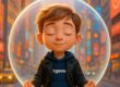 Un garçon de 10-12 ans, assis en position de méditation dans une bulle lumineuse translucide, flotte au-dessus d’une rue animée d’une grande ville moderne. Il porte un sweat bleu marine marqué "hypnose", un perfecto noir, un jean et des baskets, le visage serein et rêveur, tandis que la bulle diffuse une atmosphère calme et apaisée au milieu de l’agitation urbaine.