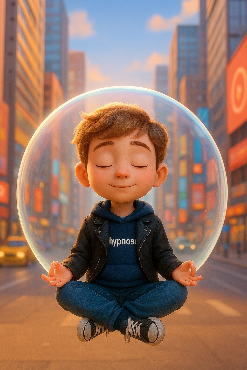 Enfant méditant dans une bulle de quiétude au cœur de la ville Un garçon de 10-12 ans, assis en position de méditation dans une bulle lumineuse translucide, flotte au-dessus d’une rue animée d’une grande ville moderne. Il porte un sweat bleu marine marqué "hypnose", un perfecto noir, un jean et des baskets, le visage serein et rêveur, tandis que la bulle diffuse une atmosphère calme et apaisée au milieu de l’agitation urbaine.