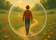 Chemin sinueux à travers une prairie fleurie avec une bulle transparente enveloppant un marcheur, symbolisant un voyage intérieur et la sérénité.