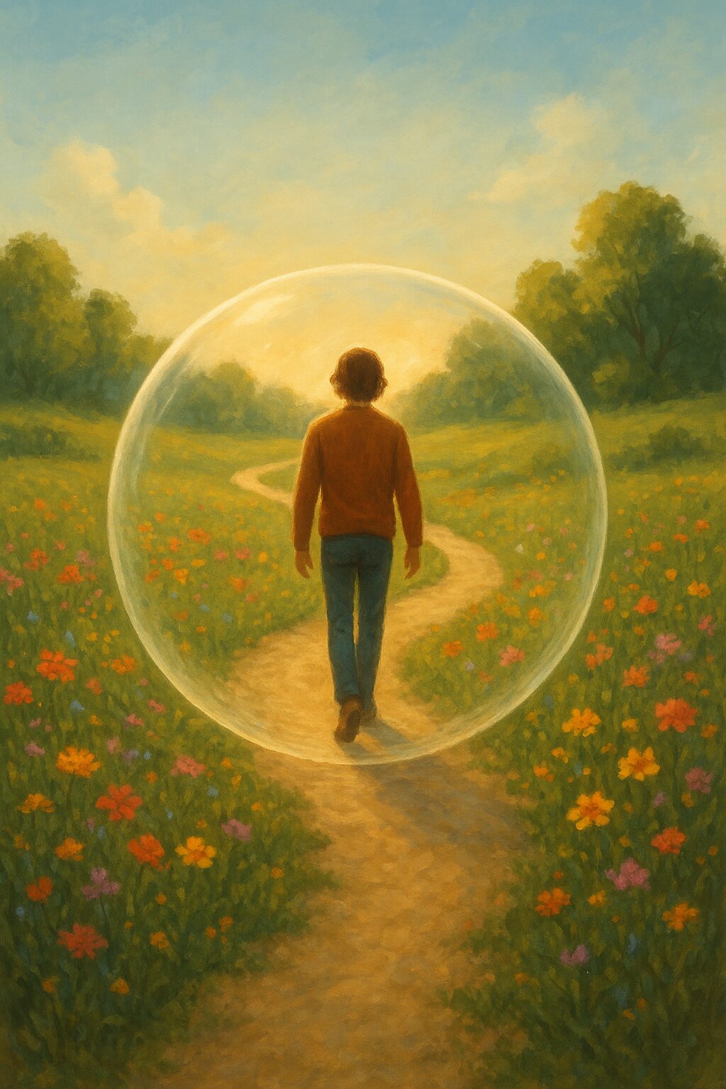 Voyage intérieur dans une bulle serenite Chemin sinueux à travers une prairie fleurie avec une bulle transparente enveloppant un marcheur, symbolisant un voyage intérieur et la sérénité.
