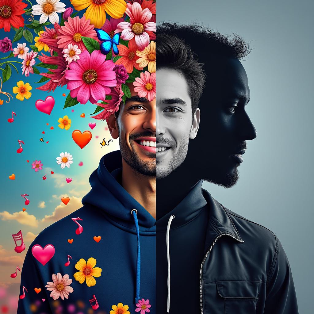 Un Monde Sans Émotions : Utopie ou Dystopie ? Illustration d’un homme dont le visage est divisé en deux moitiés contrastées : la moitié gauche, colorée et lumineuse, déborde de fleurs, de cœurs et de symboles musicaux, représentant la joie et la vitalité émotionnelle ; la moitié droite, en tons sombres et froids, symbolise l’absence d’émotions et la rationalité pure.