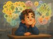 Un enfant rêveur assis en classe, entouré d’un foisonnement de dessins colorés représentant son imagination débordante — une métaphore visuelle du TDAH.