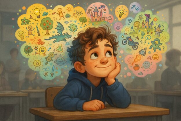 Un enfant rêveur assis en classe, entouré d’un foisonnement de dessins colorés représentant son imagination débordante — une métaphore visuelle du TDAH.