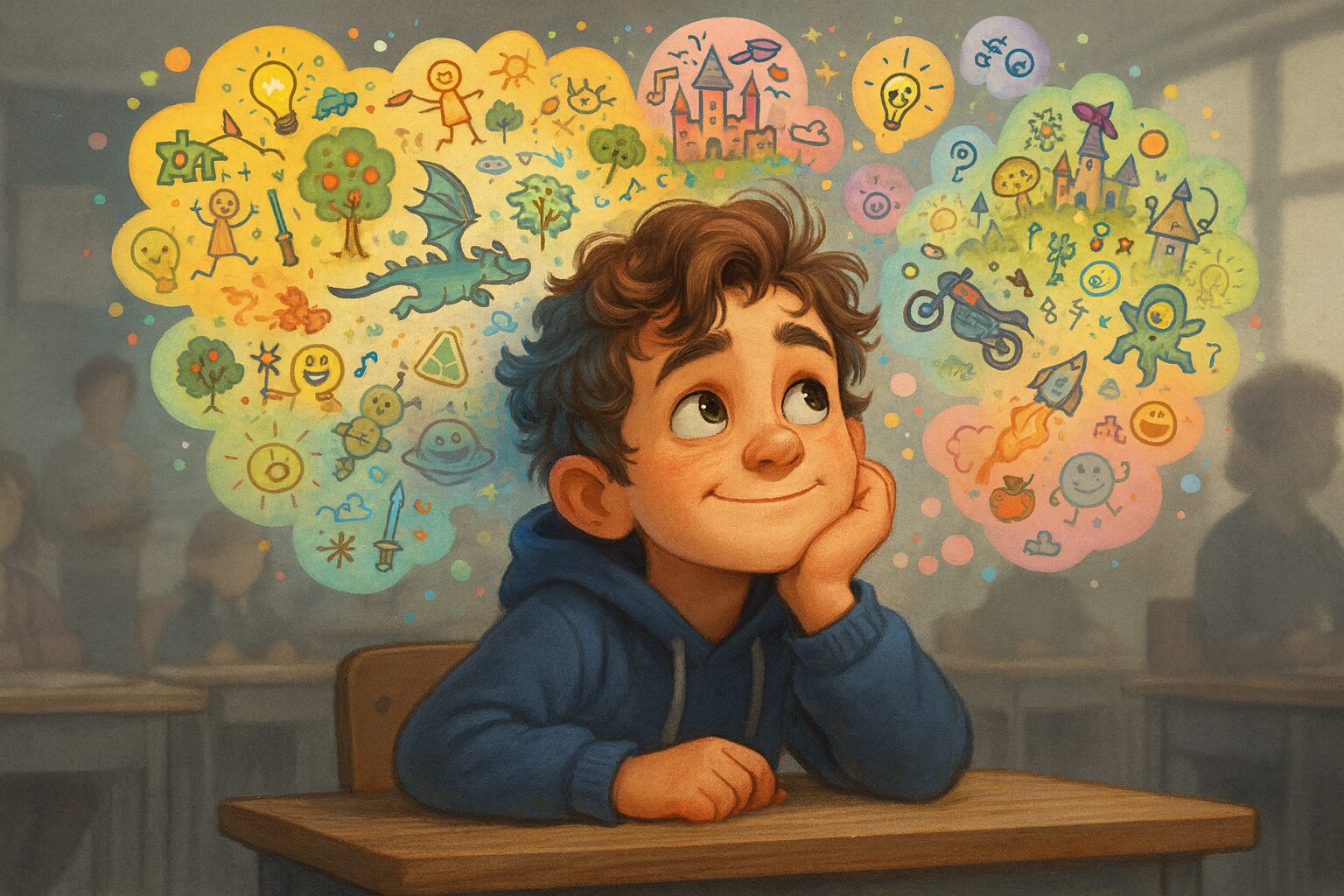 « Attachiant » — comment j’ai découvert mon tdah Un enfant rêveur assis en classe, entouré d’un foisonnement de dessins colorés représentant son imagination débordante — une métaphore visuelle du TDAH.