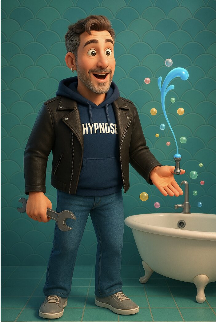 Geyser domestique – l’histoire de la bidouche Illustration humoristique d’un jet d’eau vertical dans une salle de bain, représentant la « bidouche ».