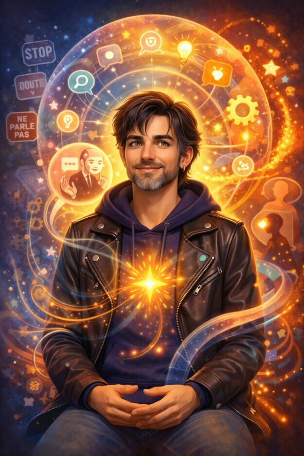 TDAH et intuition : illustration d’un homme entouré de symboles lumineux représentant la pensée intuitive et créative