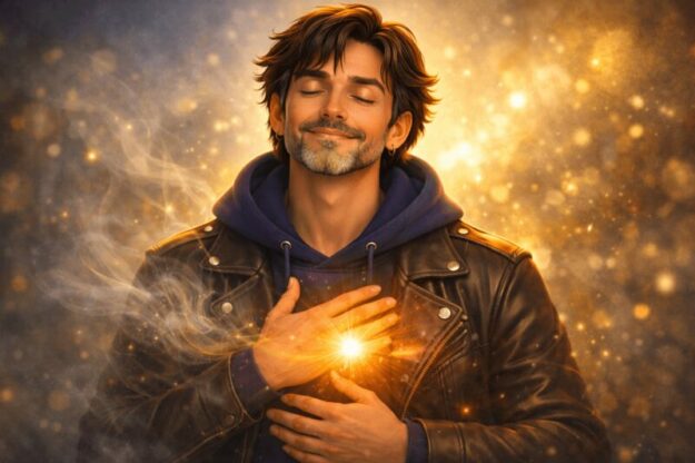 Lumière apaisante et sérénité intérieure copie (1) Un homme en veste noire et sweat bleu, avec une lumière brillante au niveau du cœur, sur fond doré et brumeux évoquant la sérénité intérieure.
