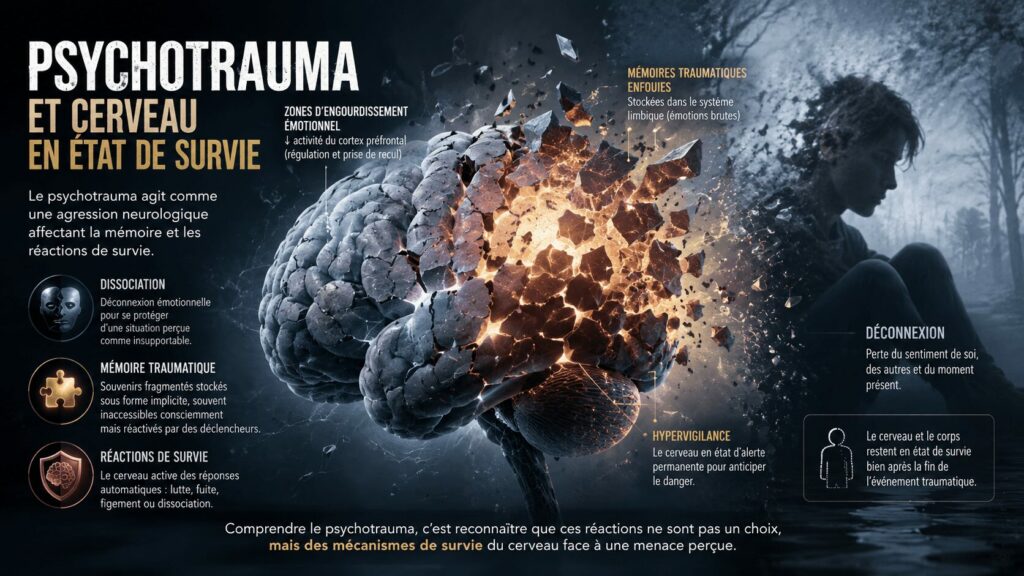 Illustration du psychotrauma montrant la dissociation et la mémoire traumatique dans le cerveau