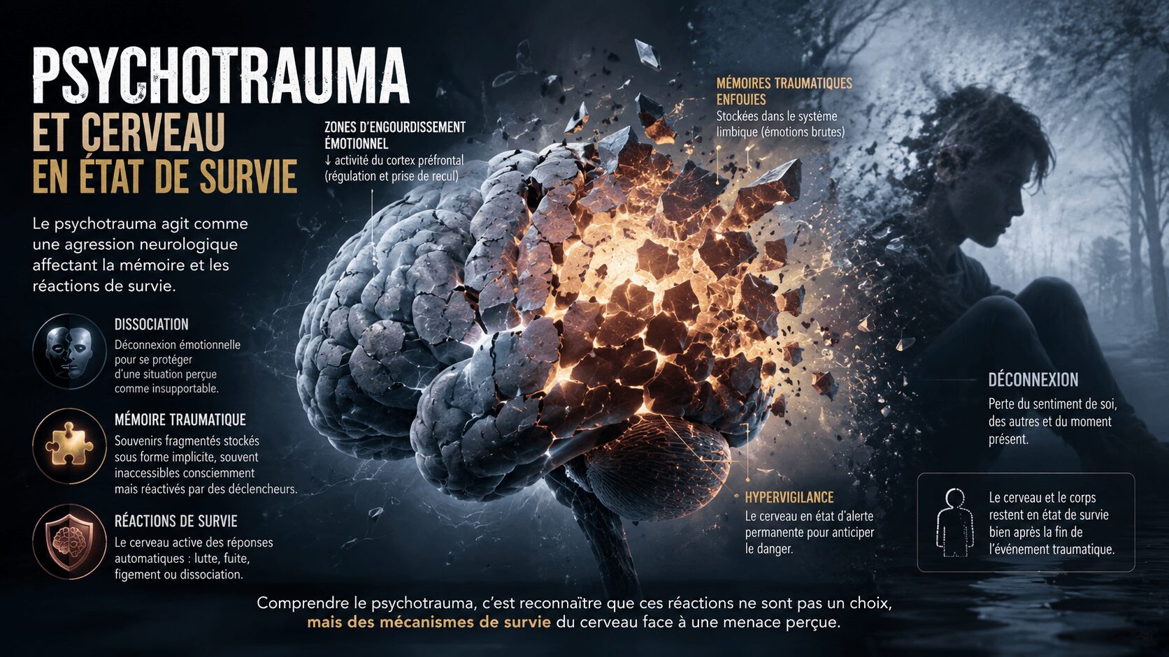 psychotrauma copie Illustration du psychotrauma montrant la dissociation et la mémoire traumatique dans le cerveau
