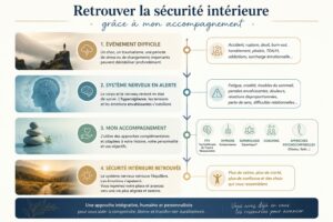 Retrouver la sécurité intérieure grâce à un accompagnement en hypnose, sophrologie, coaching et approches psychocorporelles, présenté sous forme de parcours en 4 étapes, de l’événement difficile à la sérénité retrouvée.