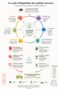 Infographie expliquant comment un traumatisme, un stress intense, un deuil, un burn-out ou un choc émotionnel activent le système nerveux. Le cerveau déclenche un mode de protection qui influence les émotions, les pensées, le corps, les comportements et les relations. Avec un accompagnement adapté, le système nerveux retrouve progressivement un sentiment de sécurité, permettant le retour du calme, de la confiance, de l'énergie et de choix plus alignés.
