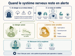 Schéma expliquant comment le système nerveux réagit au danger, puis revient au calme ou reste en état d’alerte.