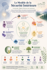 Infographie du Modèle de la sécurité intérieure montrant comment un événement difficile déclenche les mécanismes de protection du cerveau et du système nerveux, puis comment la sécurité permet le retour des ressources.