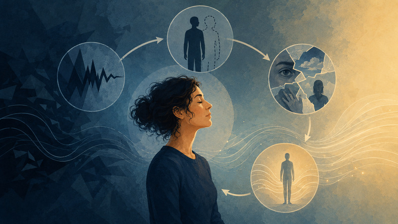 Psychotrauma : de la sidération au retour à la sécurité Schéma illustrant la menace, la dissociation, les souvenirs fragmentés et le retour progressif à la sécurité après un traumatisme.